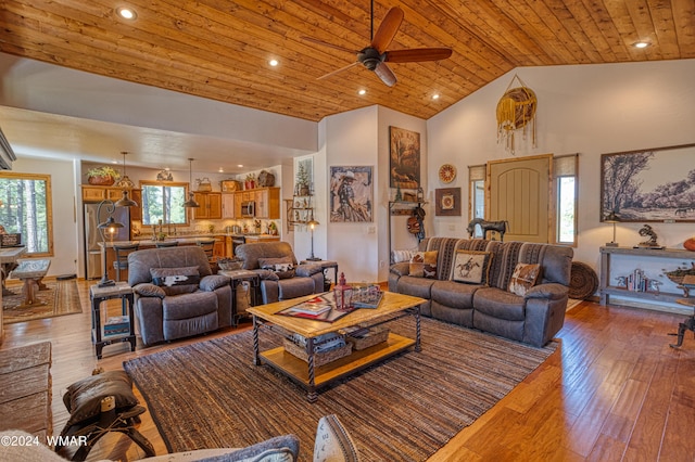 living area featuring ceiling fan, high vaulted ceiling, recessed lighting, wood finished floors, and wood ceiling