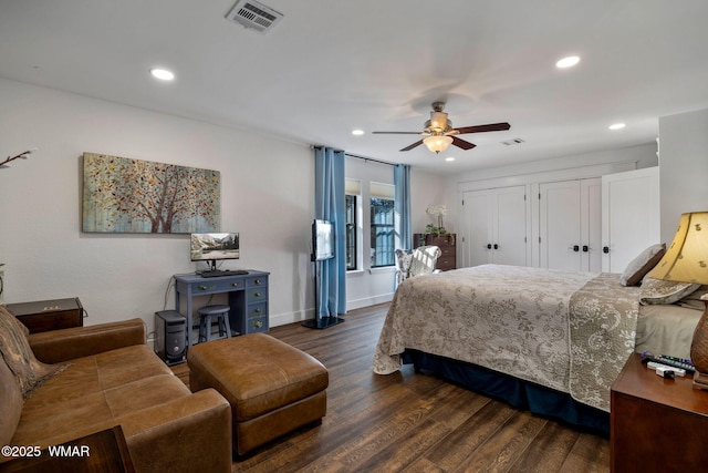 bedroom with recessed lighting, visible vents, and dark wood finished floors