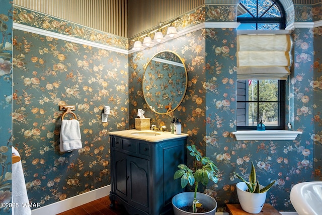 bathroom with vanity, baseboards, and wood finished floors