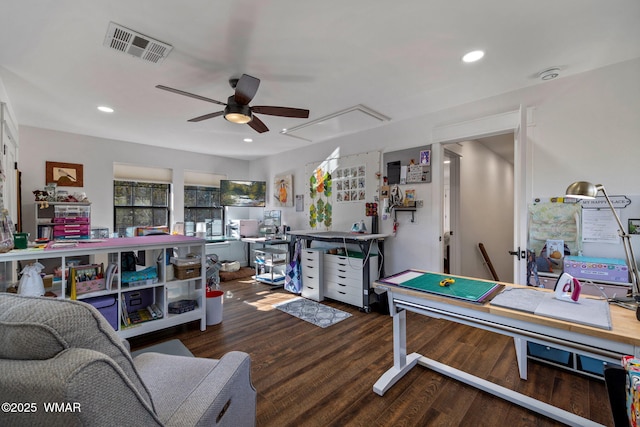 office with ceiling fan, recessed lighting, wood finished floors, visible vents, and attic access