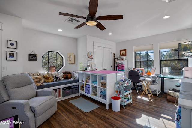 game room with a ceiling fan, wood finished floors, visible vents, and recessed lighting