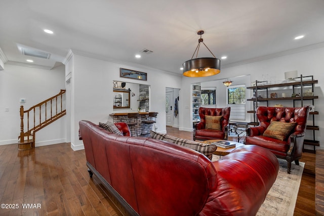 living room featuring baseboards, stairway, dark wood finished floors, and recessed lighting