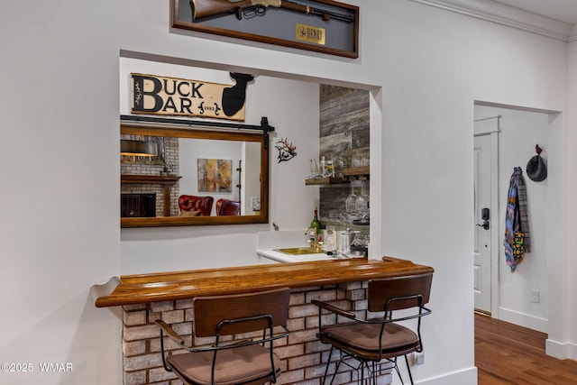 bar with indoor wet bar, crown molding, baseboards, and wood finished floors