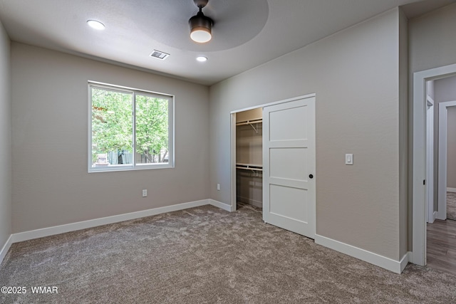 860 E Blue Jay Ln, Show Low, AZ 85901 - unfurnished bedroom featuring carpet flooring, a spacious closet, a closet, recessed lighting, and a ceiling fan