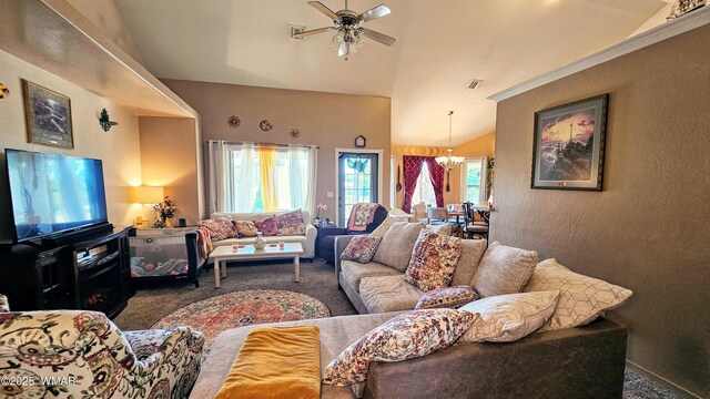 860 N Kiaya Ln, Show Low, AZ 85901 - carpeted living area featuring lofted ceiling, a chandelier, a ceiling fan, and a textured wall