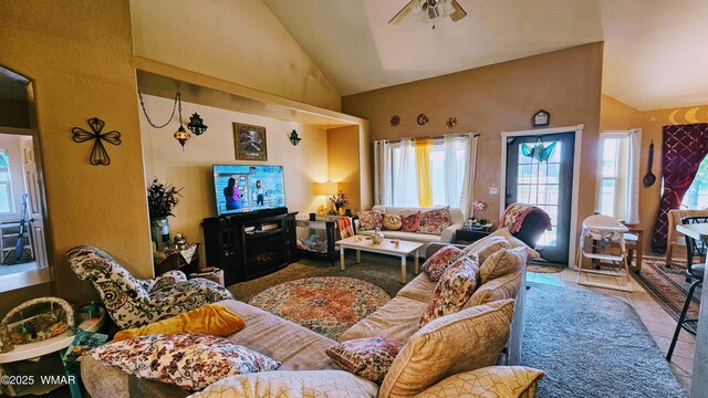 860 N Kiaya Ln, Show Low, AZ 85901 - tiled living area with high vaulted ceiling and ceiling fan