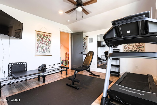 workout room with recessed lighting, wood finished floors, visible vents, a ceiling fan, and vaulted ceiling