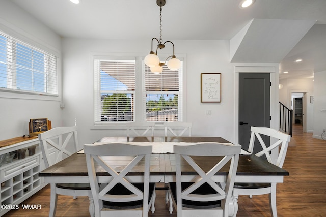 3591 W Fairway Ct, Show Low, AZ 85901 - dining room with recessed lighting, wood finished floors, a chandelier, and stairs