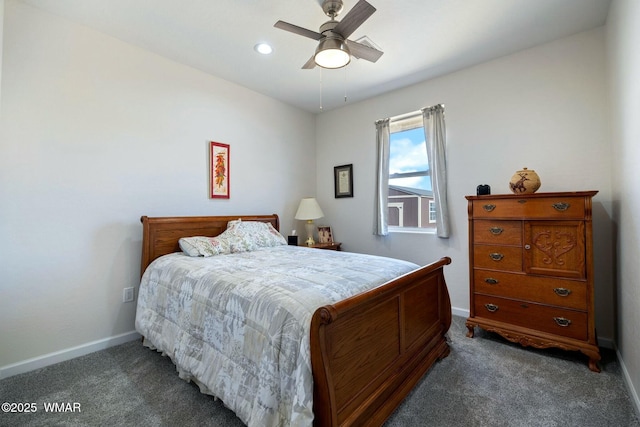 bedroom featuring recessed lighting, carpet flooring, baseboards, and ceiling fan