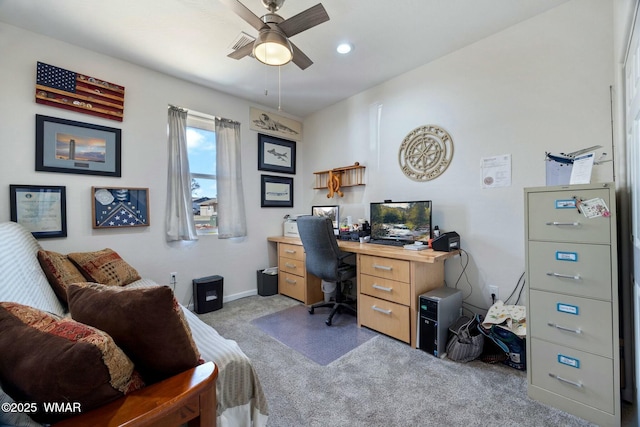 carpeted office featuring ceiling fan, baseboards, visible vents, and recessed lighting