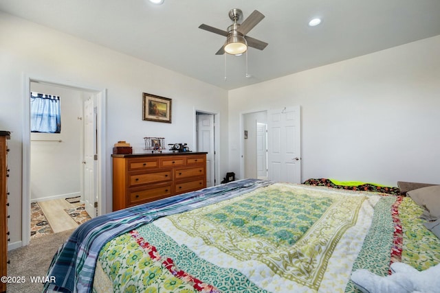 carpeted bedroom with recessed lighting, baseboards, and ceiling fan
