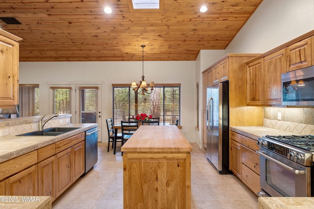 kitchen featuring a center island, appliances with stainless steel finishes, a sink, wood counters, and wooden ceiling