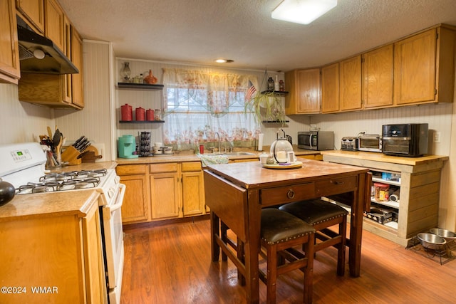 kitchen featuring white range with gas stovetop, dark wood-type flooring, a sink, light countertops, and stainless steel microwave