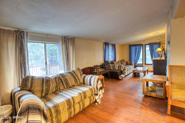 living room featuring lofted ceiling and wood finished floors