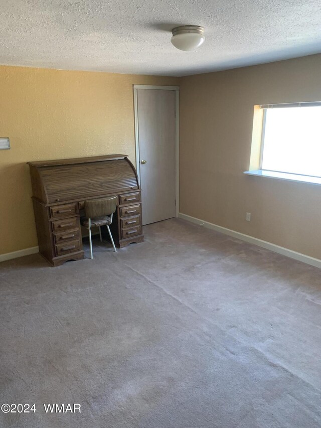 interior space featuring carpet flooring, a textured ceiling, and baseboards