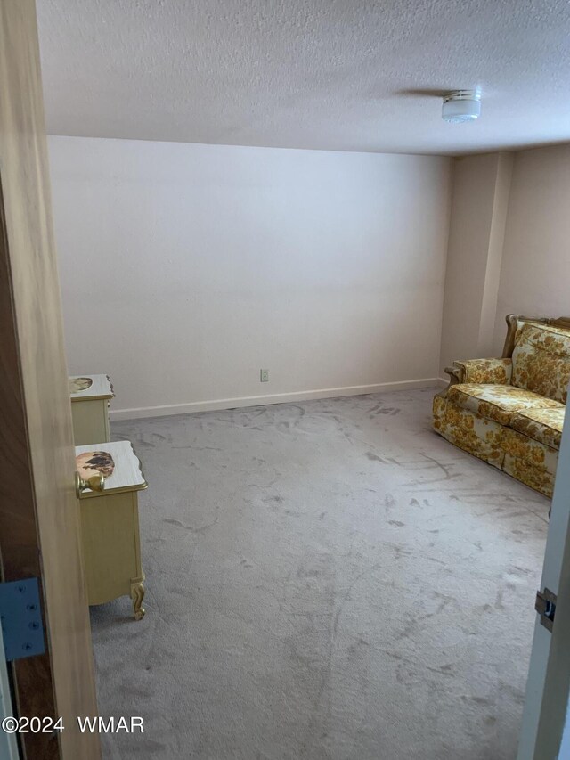 interior space with baseboards, a textured ceiling, and light colored carpet