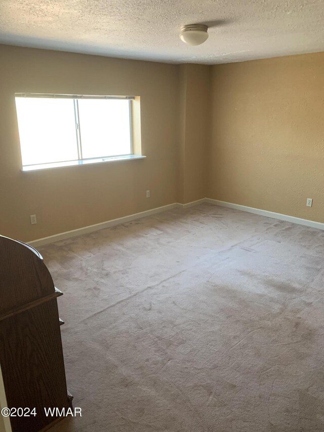 unfurnished room with a textured ceiling, baseboards, and light colored carpet