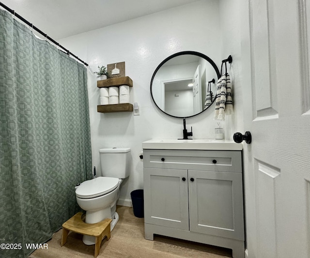 bathroom featuring toilet, wood finished floors, and vanity