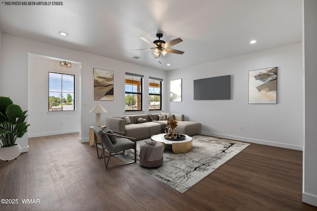 7141 Pair O Dice Rd, Show Low, AZ 85902 - living area featuring a ceiling fan, dark wood-style floors, and recessed lighting
