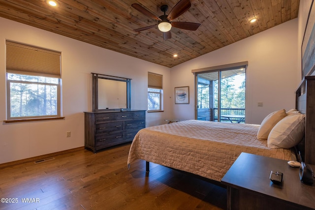 bedroom featuring access to exterior, wood ceiling, vaulted ceiling, recessed lighting, and wood finished floors