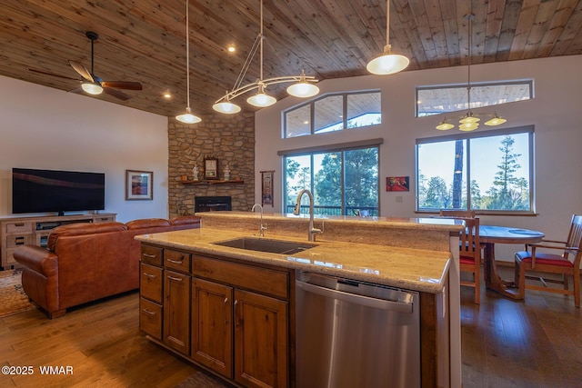 kitchen with stainless steel dishwasher, wood ceiling, open floor plan, and a sink