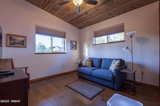 living room with hardwood / wood-style floors, vaulted ceiling, wood ceiling, and a healthy amount of sunlight