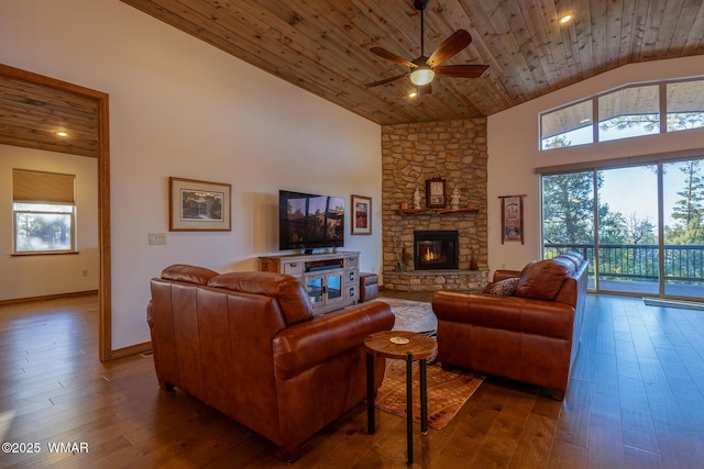 living area featuring high vaulted ceiling, a fireplace, wood ceiling, and wood finished floors