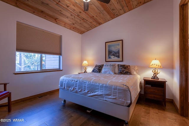 bedroom with wood finished floors, baseboards, visible vents, lofted ceiling, and wood ceiling