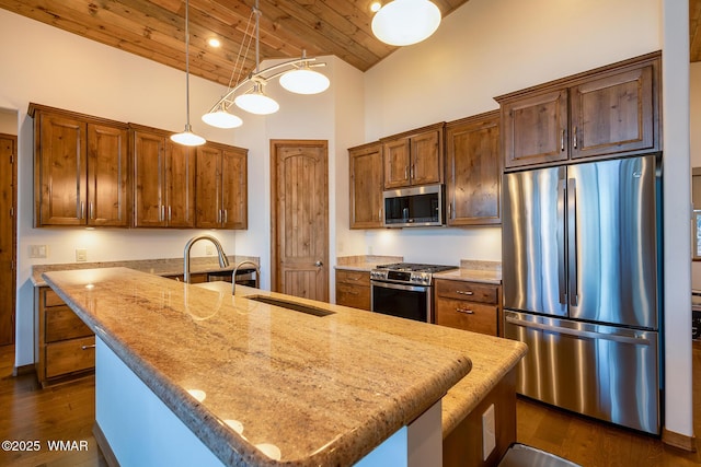 kitchen with high vaulted ceiling, light stone counters, stainless steel appliances, wood ceiling, and dark wood-style flooring