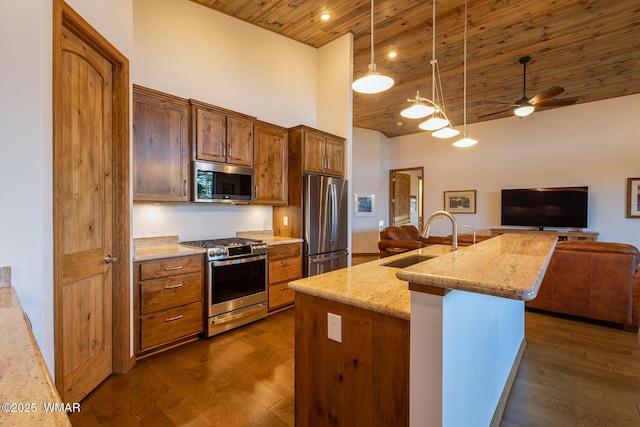 kitchen featuring a sink, dark wood-style floors, open floor plan, appliances with stainless steel finishes, and wooden ceiling