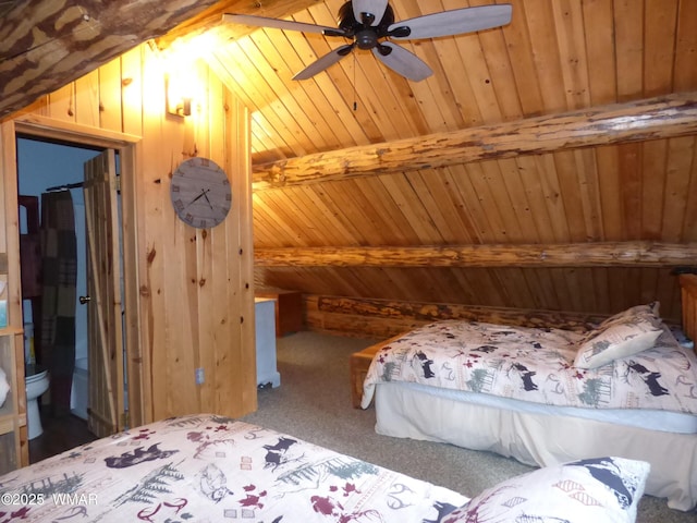 30 County Road 2066, Alpine, AZ 85920 - unfurnished bedroom featuring wood ceiling, lofted ceiling with beams, wood walls, and carpet floors