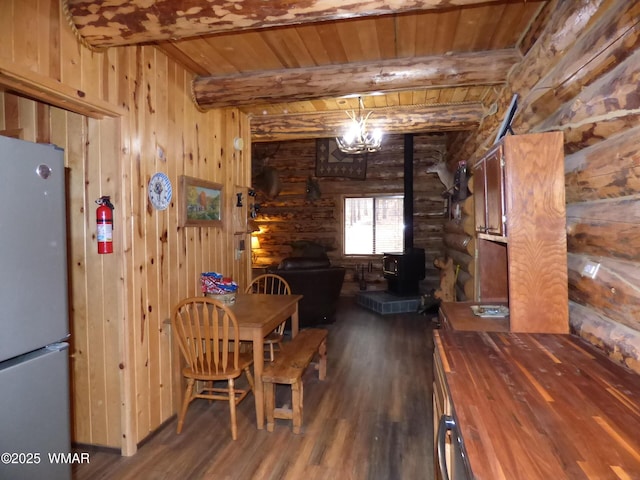 30 County Road 2066, Alpine, AZ 85920 - dining room featuring dark wood-type flooring, a wood stove, wood ceiling, and beam ceiling
