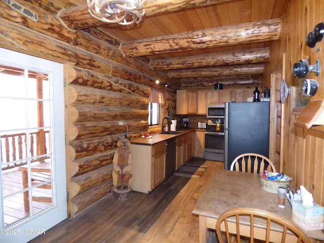 30 County Road 2066, Alpine, AZ 85920 - kitchen featuring log walls, wooden ceiling, beamed ceiling, appliances with stainless steel finishes, and wood finished floors