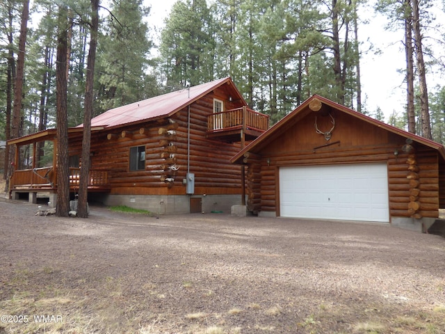 30 County Road 2066, Alpine, AZ 85920 - log cabin featuring an outbuilding, a wooden deck, log siding, crawl space, and dirt driveway