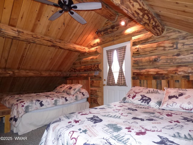 30 County Road 2066, Alpine, AZ 85920 - bedroom with vaulted ceiling with beams, wooden walls, wood ceiling, and a ceiling fan