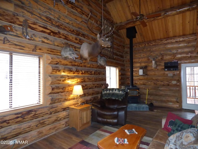 30 County Road 2066, Alpine, AZ 85920 - unfurnished living room featuring wood ceiling, wood finished floors, a wood stove, log walls, and beamed ceiling