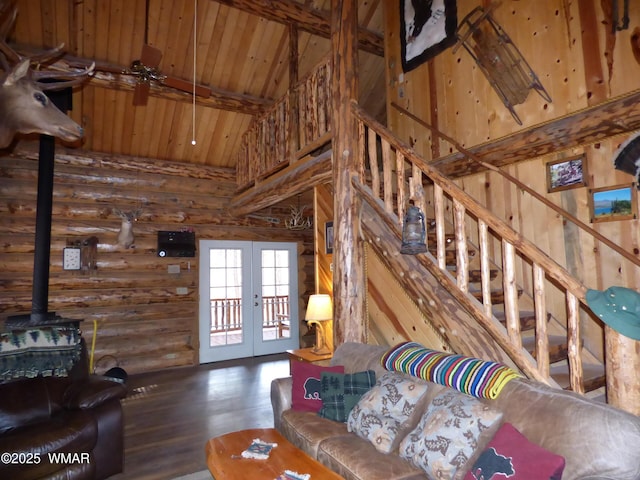 30 County Road 2066, Alpine, AZ 85920 - living room with stairs, high vaulted ceiling, wood ceiling, french doors, and beamed ceiling