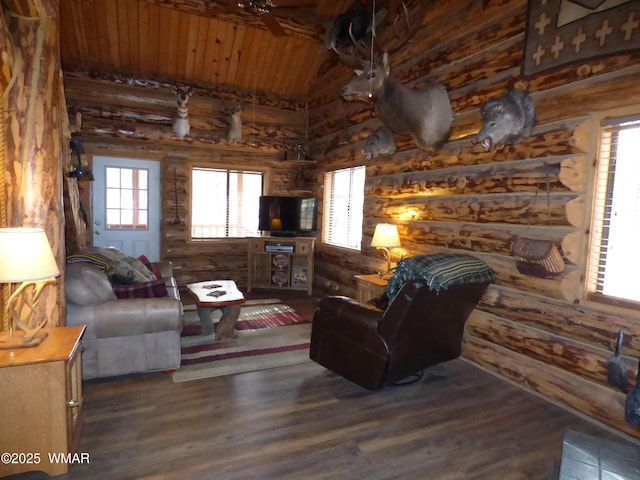 30 County Road 2066, Alpine, AZ 85920 - living area with wooden ceiling, dark wood-type flooring, vaulted ceiling, and rustic walls
