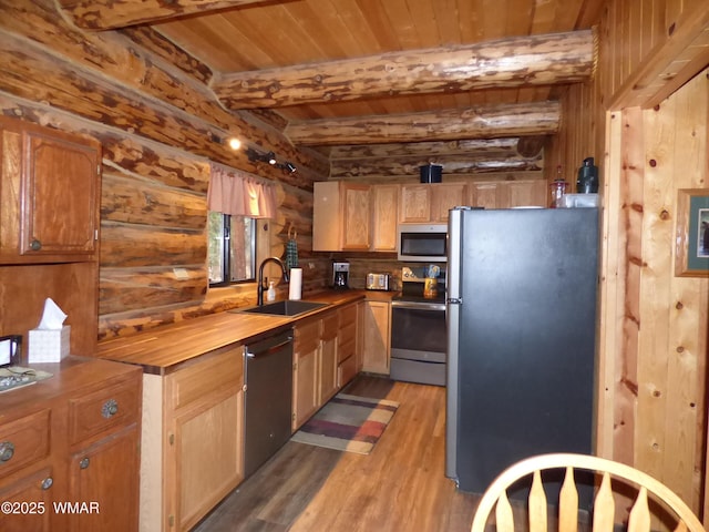 30 County Road 2066, Alpine, AZ 85920 - kitchen featuring wooden ceiling, a sink, beam ceiling, light wood finished floors, and appliances with stainless steel finishes