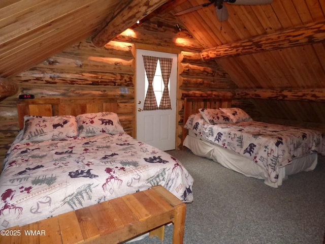 30 County Road 2066, Alpine, AZ 85920 - bedroom featuring carpet floors, lofted ceiling with beams, wooden ceiling, and rustic walls