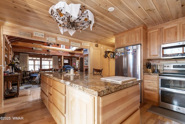 kitchen featuring light wood-style flooring, light brown cabinets, a center island, stainless steel appliances, and wooden ceiling