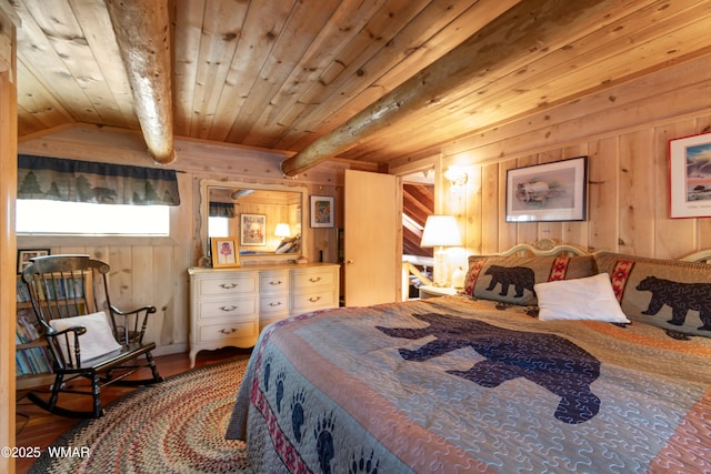 bedroom featuring lofted ceiling with beams, wood ceiling, and wood walls