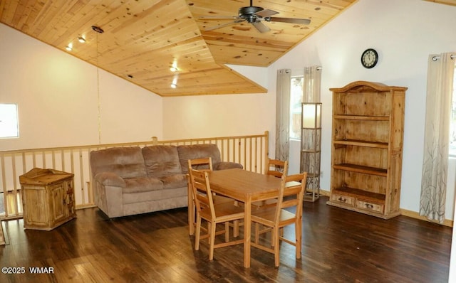 dining area featuring lofted ceiling, dark wood-style flooring, and wooden ceiling