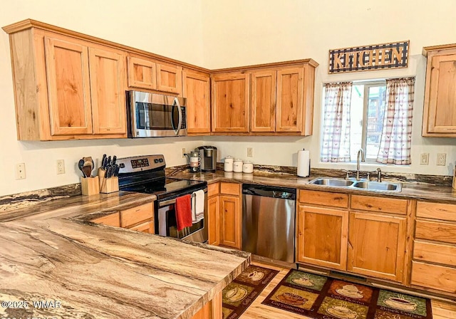 kitchen with appliances with stainless steel finishes, brown cabinets, and a sink