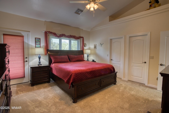 6646 Broken Arrow Way, Show Low, AZ 85901 - bedroom featuring light carpet, vaulted ceiling, and ceiling fan