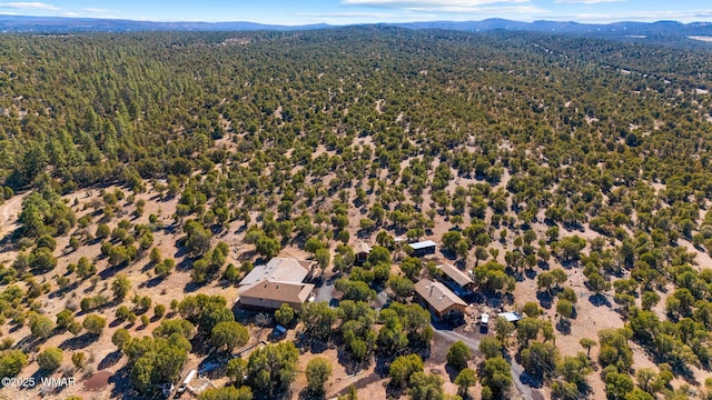 aerial view featuring a mountain view and a wooded view