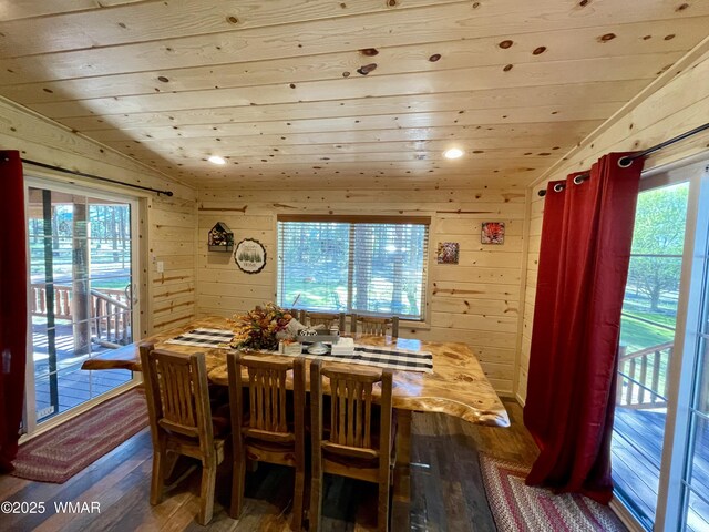 2722 Covered Wagon Trl, Overgaard, AZ 85933 - dining space featuring wooden ceiling, wood-type flooring, wood walls, and recessed lighting