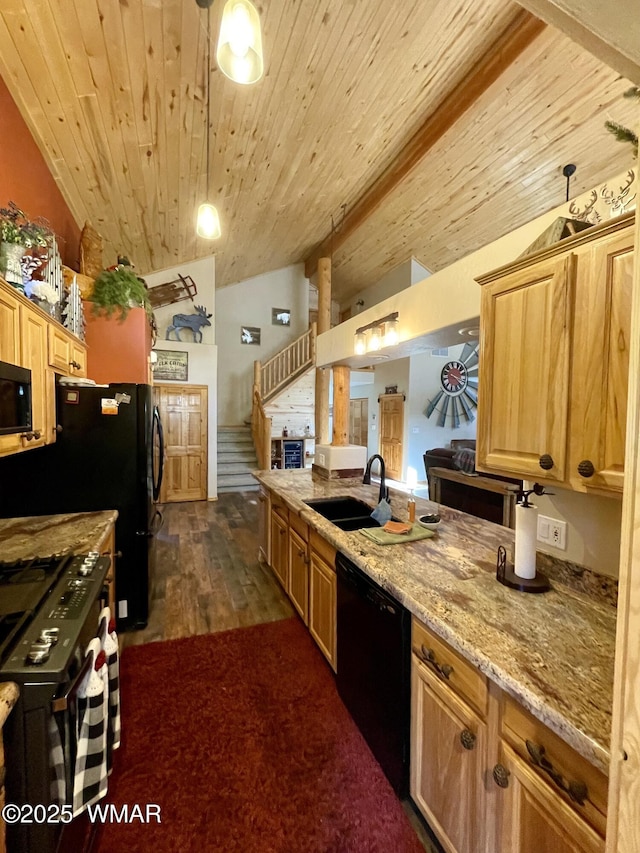 2722 Covered Wagon Trl, Overgaard, AZ 85933 - kitchen featuring black dishwasher, vaulted ceiling, gas range, dark wood-style floors, and wooden ceiling