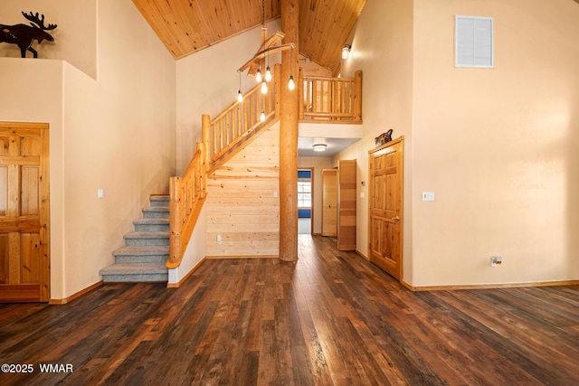 2722 Covered Wagon Trl, Overgaard, AZ 85933 - staircase with high vaulted ceiling, wood-type flooring, and wood ceiling