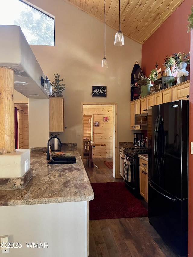 2722 Covered Wagon Trl, Overgaard, AZ 85933 - kitchen featuring black appliances, wooden ceiling, dark wood-style floors, high vaulted ceiling, and light brown cabinetry